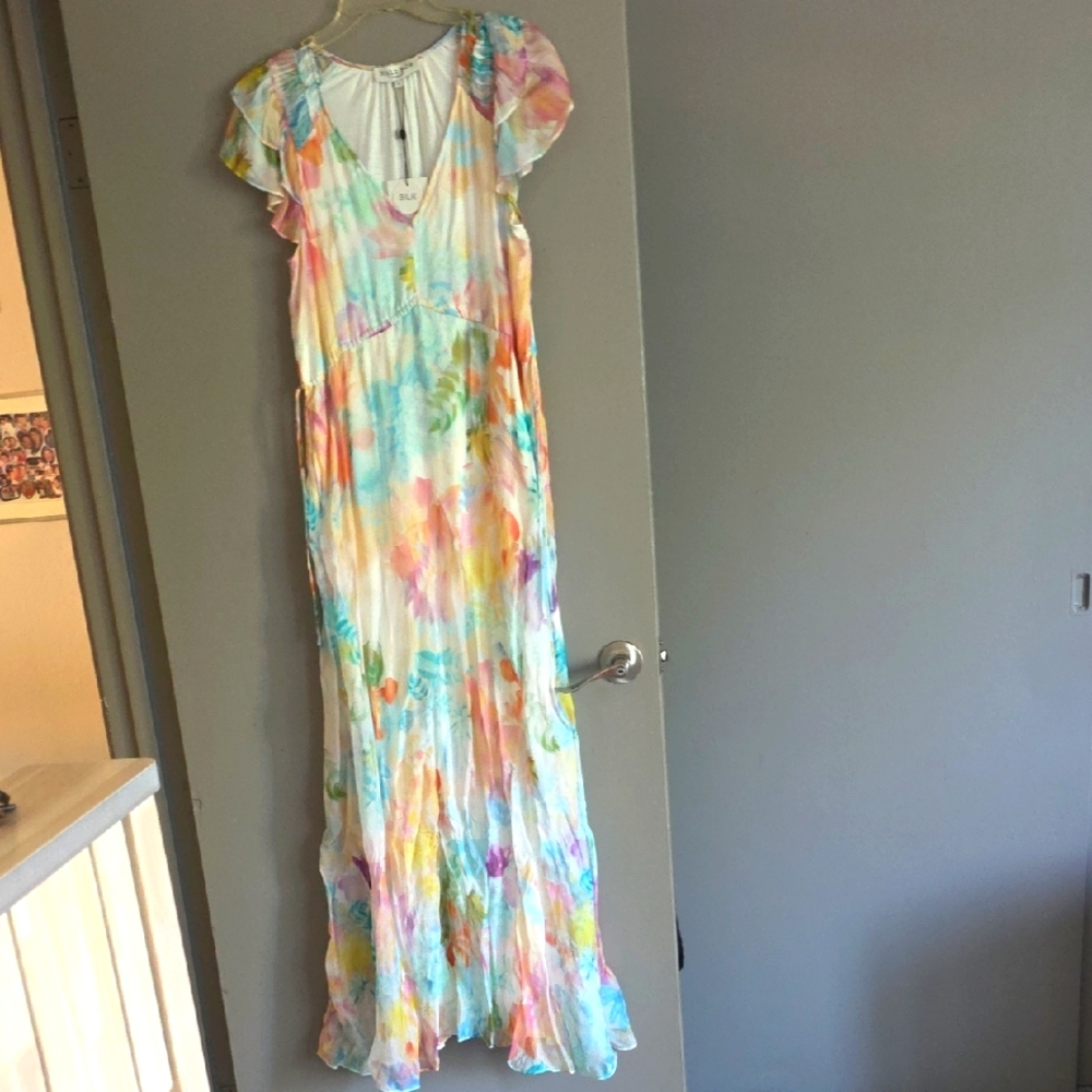 Pastel Watercolor Flutter-Sleeve Maxi Dress - Multicolor